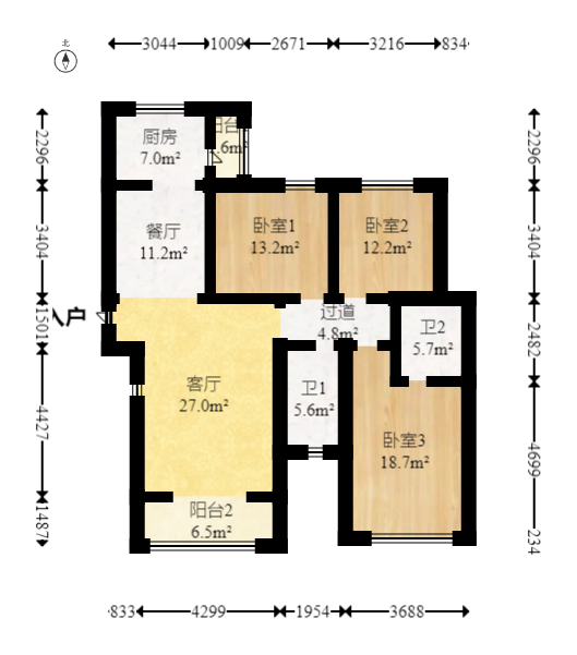 金富湘江悦城  3室2厅2卫   119.00万室内图1