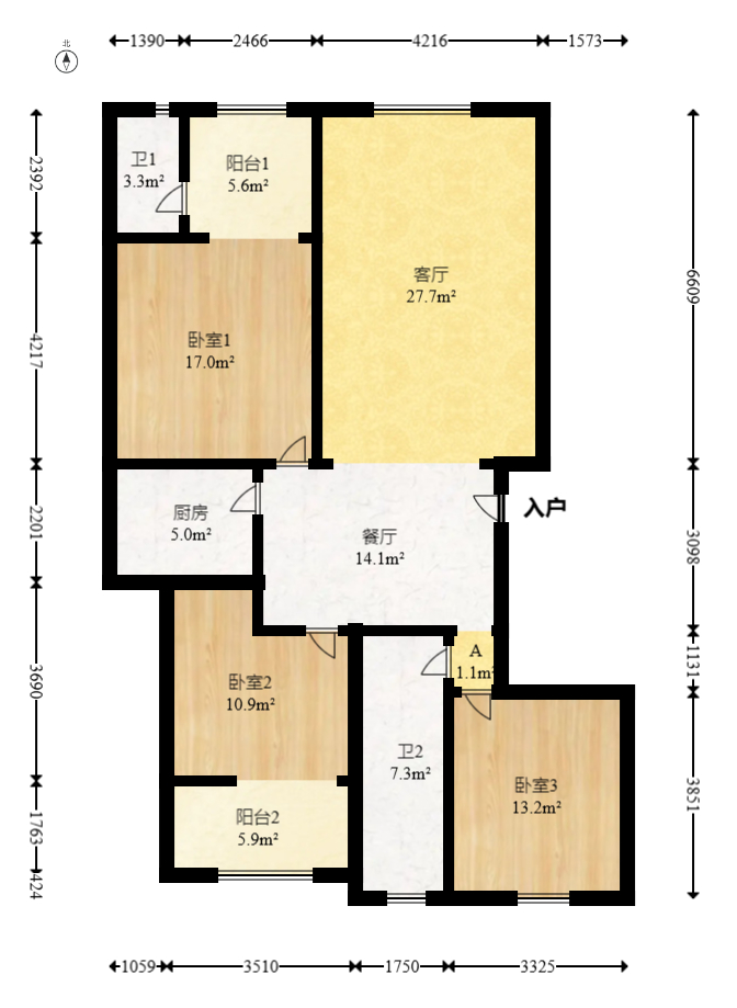 华新花苑  3室2厅2卫   90.00万室内图1
