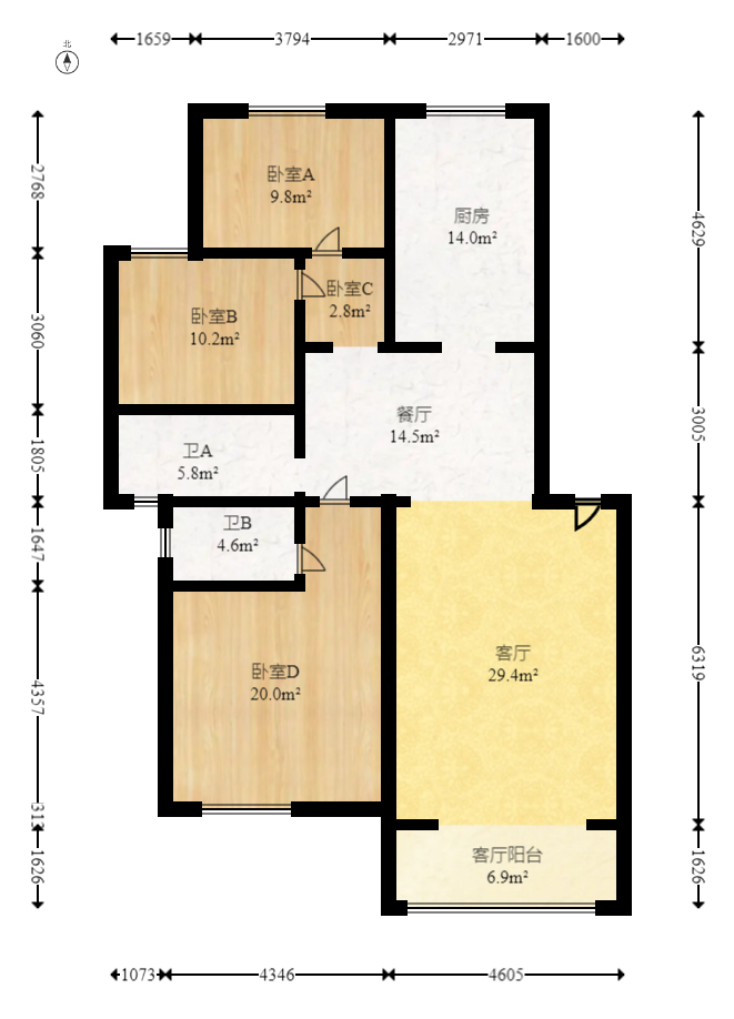 枫林绿洲  3室2厅2卫   80.00万室内图1