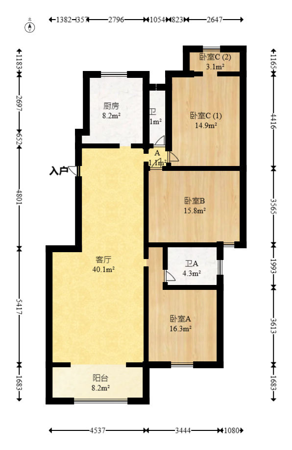 麓谷E家人  3室2厅2卫   90.00万室内图1