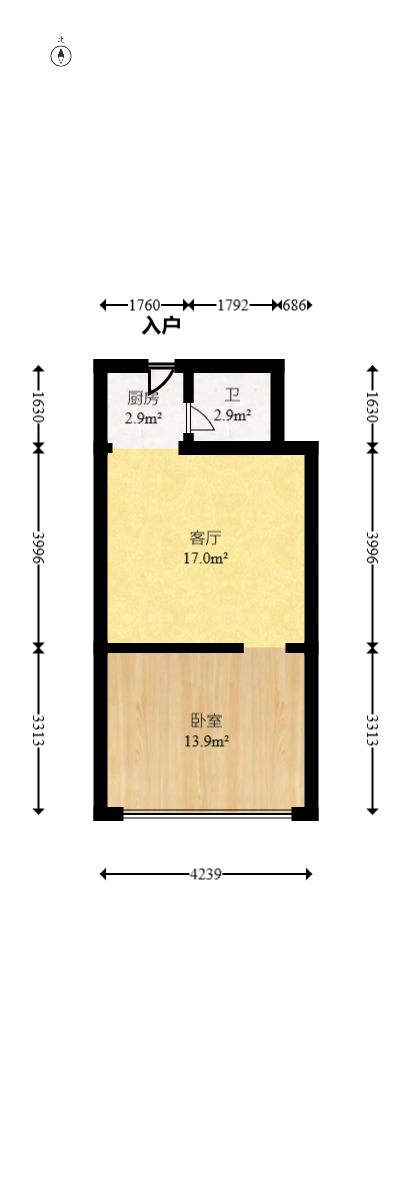 观园国际公寓  1室1厅1卫   35.80万室内图1