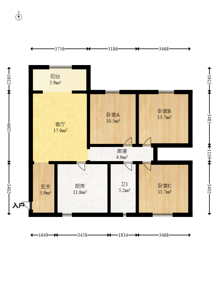 兰亭湾畔  3室2厅1卫   110.00万室内图1