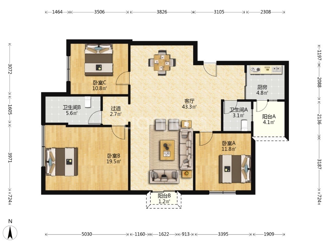 北方万银花园一期  3室2厅2卫    105.0万 北方万银花园一期  3室2厅2卫    105.0万户型图