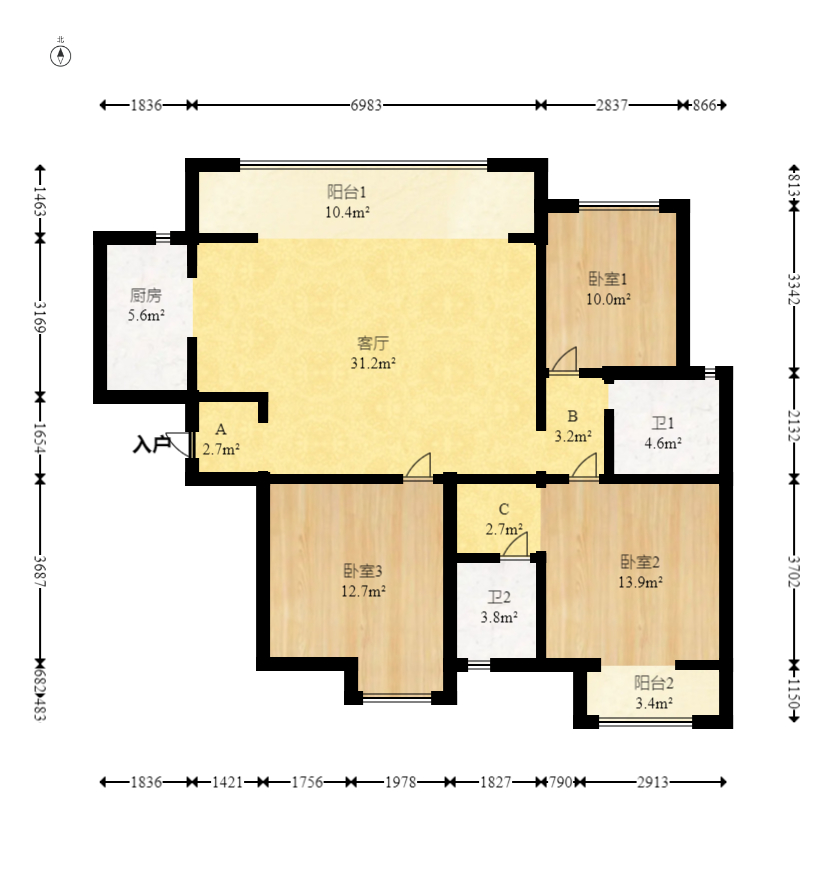 建发中央悦府  3室2厅2卫   160.00万室内图1