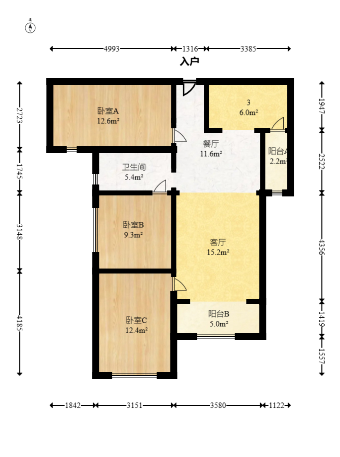 卢浮原著  3室2厅1卫   78.00万室内图1