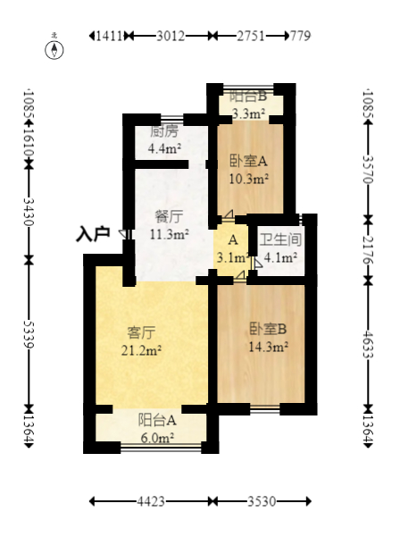 三城花苑（一，二，三期）  2室2厅1卫   28.00万室内图1
