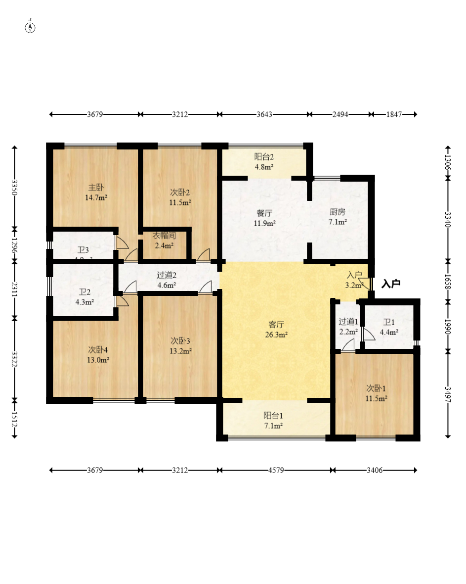 北辰三角洲C2区  4室2厅2卫   310.00万室内图1
