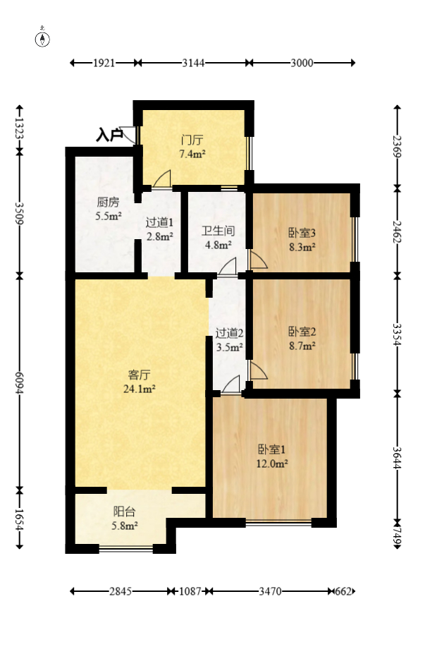 明发阅江悦府  3室2厅1卫   88.00万室内图1