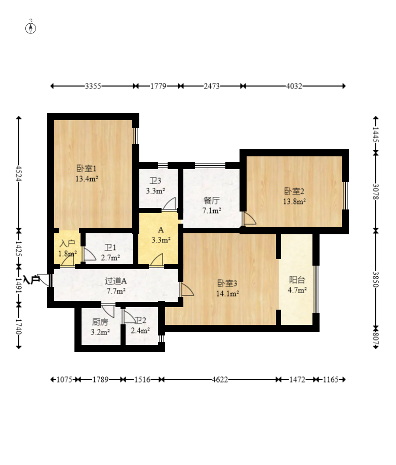 金地格林公馆  3室2厅1卫    80.0万室内图1
