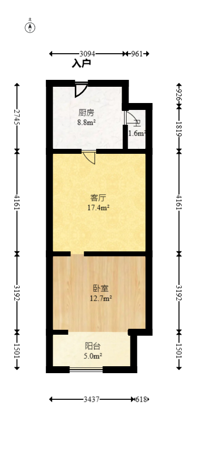 上河国际F座  1室1厅1卫   34.50万室内图1