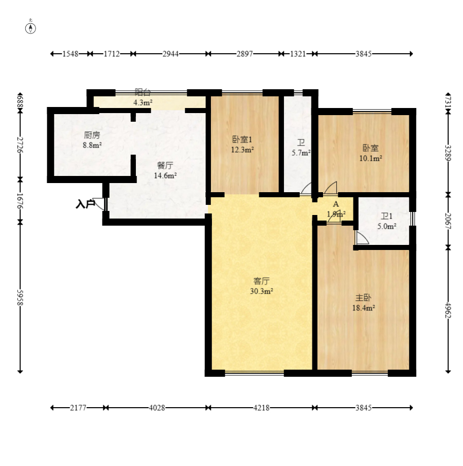 三一街区  3室2厅2卫   88.00万室内图1