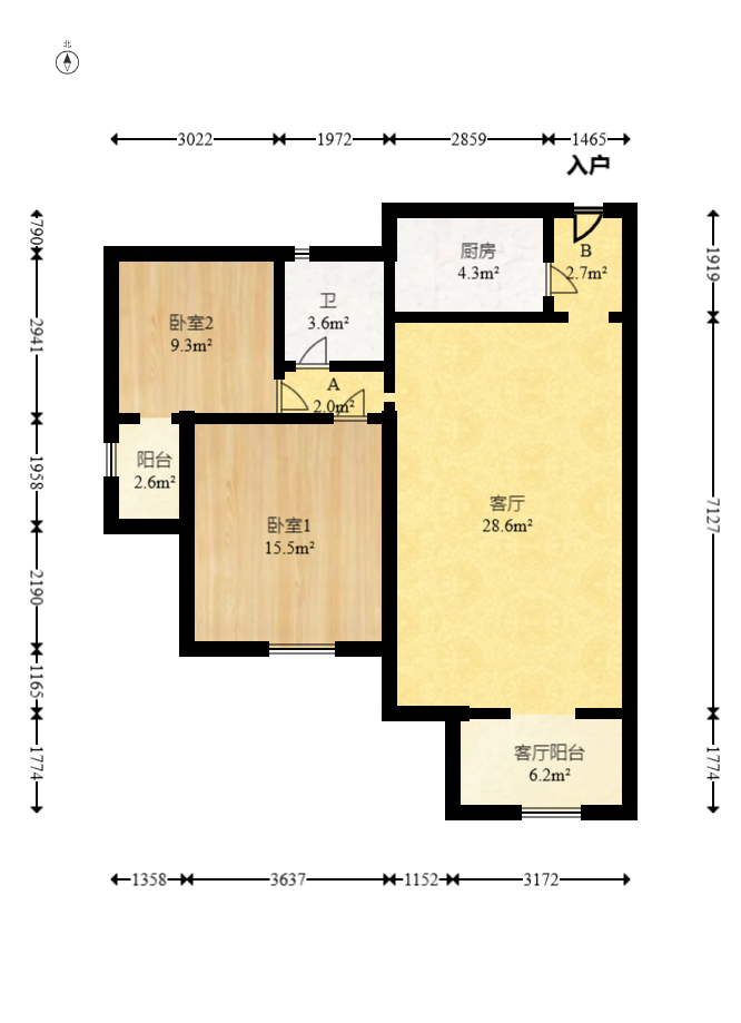 鑫远御文台二期  2室2厅1卫   77.00万室内图1