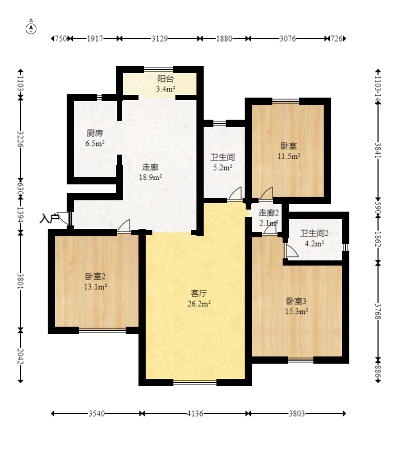 广悦星苑润园  3室2厅2卫   93.80万室内图1