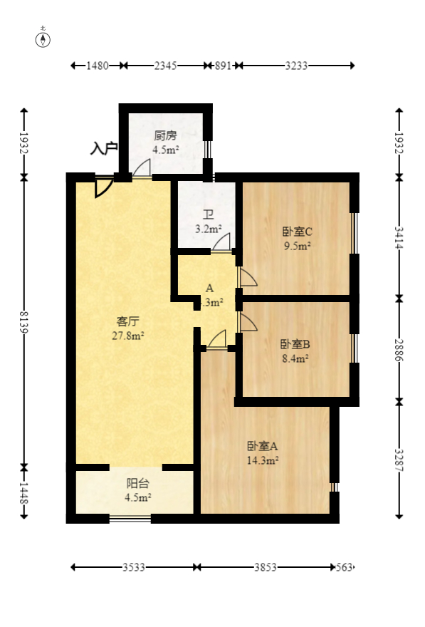 中海梅溪湖壹号  3室2厅1卫   135.00万室内图1