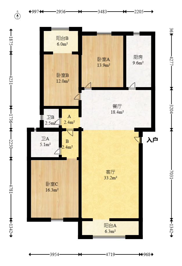 竹满人家  3室2厅2卫   90.00万室内图1