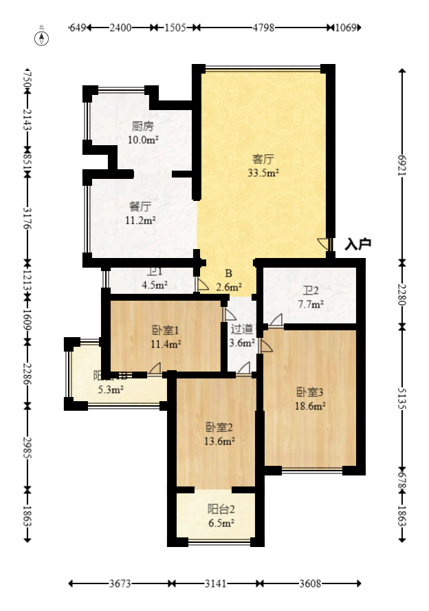 中江锦城  3室2厅2卫   72.80万室内图1