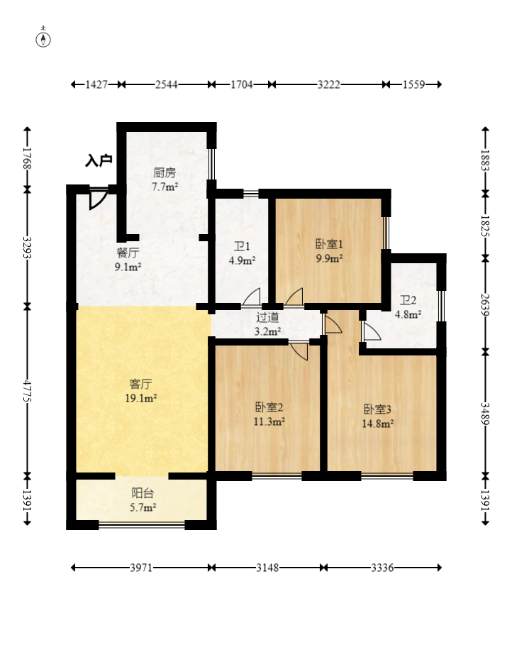 乾源国际  3室2厅2卫   65.00万室内图1