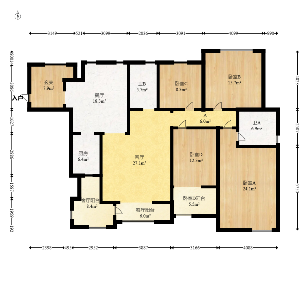 八方小区C区  4室2厅2卫   486.00万室内图1