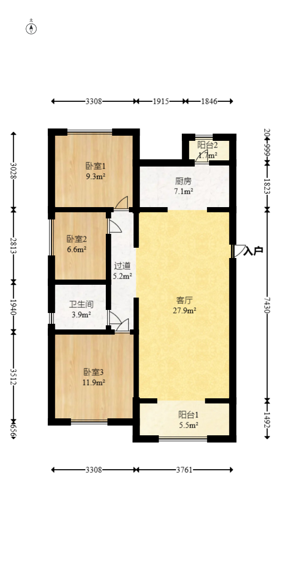 龙湖湘风原著（龙湖湘风星城）  3室2厅1卫   68.00万室内图1