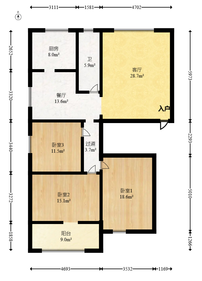 华银南苑  3室2厅1卫   90.00万室内图1