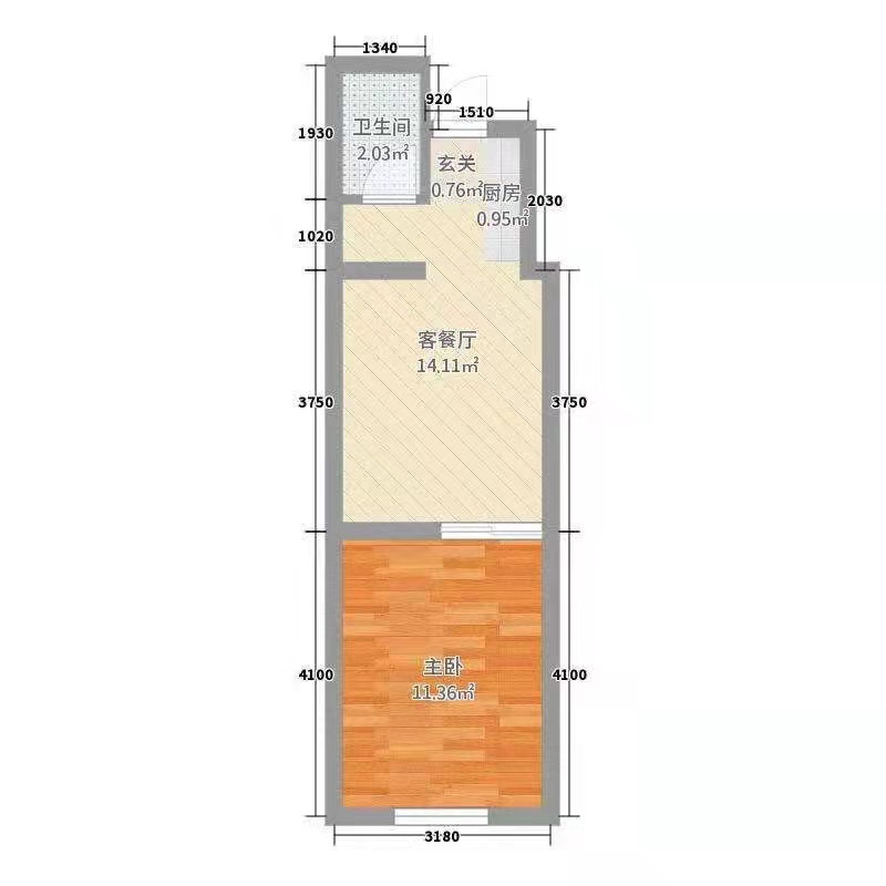 宇元万向城  1室1厅1卫   1500.00元/月户型图