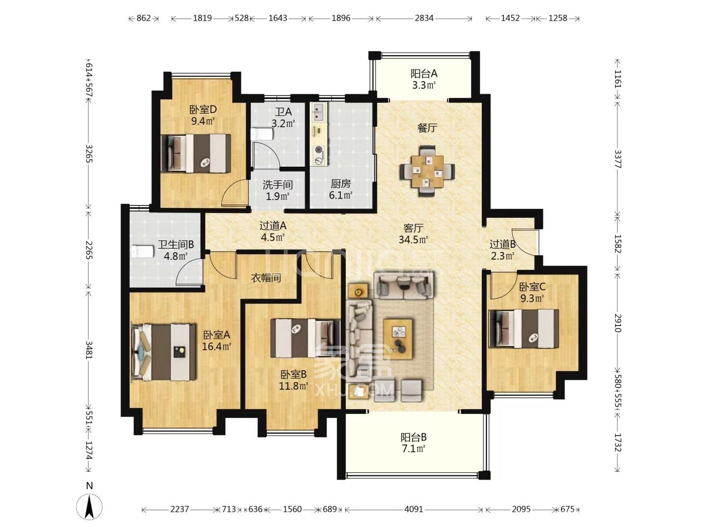 招商华发依云曦城 4室2厅1卫 2600.0元/月 招商华发依云曦城 4室2厅1卫 2600.0元/月室内图