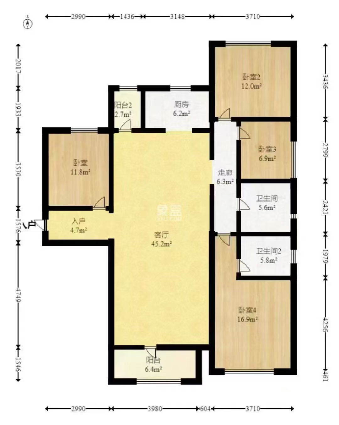 旭辉汇樾城  4室2厅2卫    3800.0元/月户型图