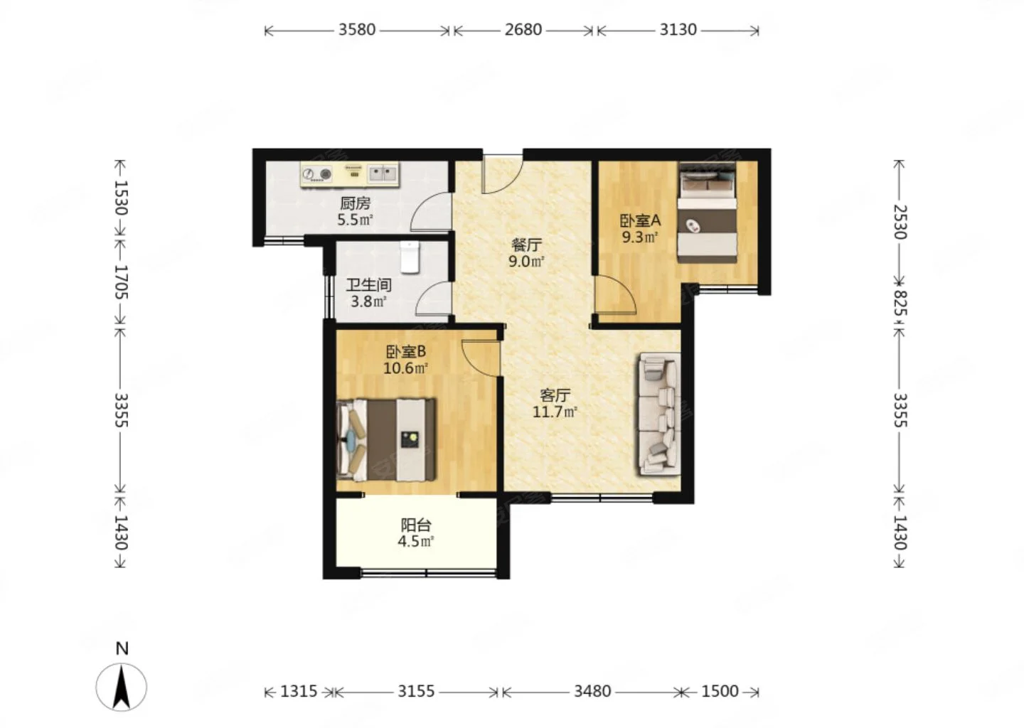 荣盛城  2室1厅1卫   1500.00元/月户型图