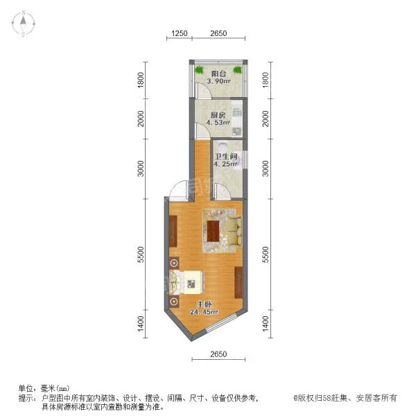 金信阳光在线 1室1厅1卫 1200.0元/月 金信阳光在线 1室1厅1卫 1200.0元/月户型图
