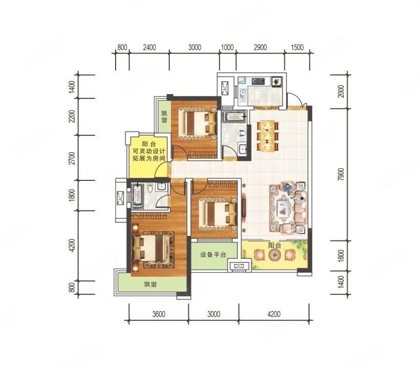 丽景天下一期 4室2厅2卫 2200.0元/月 丽景天下一期 4室2厅2卫 2200.0元/月户型图