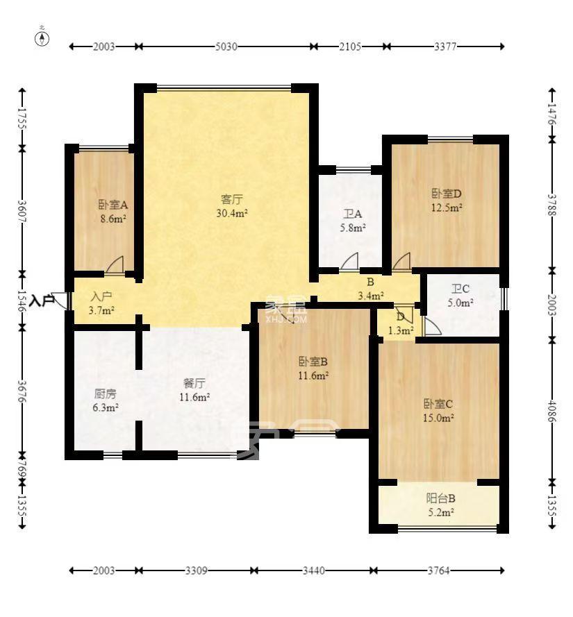 丽发新城  4室2厅2卫   2600.00元/月室内图
