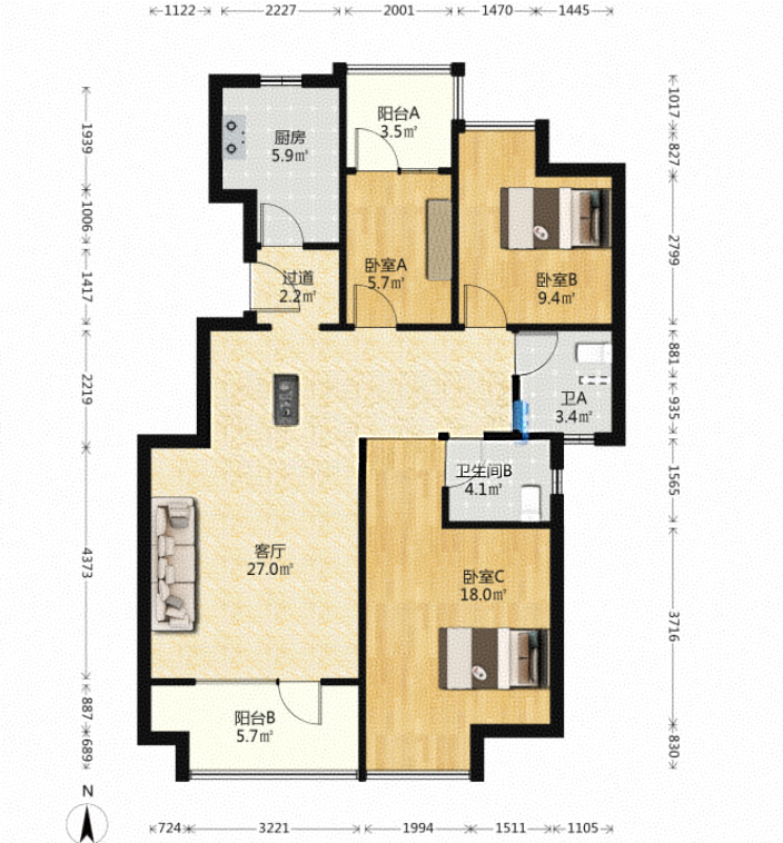 当代国际城  3室1厅2卫   152.00万室内图1