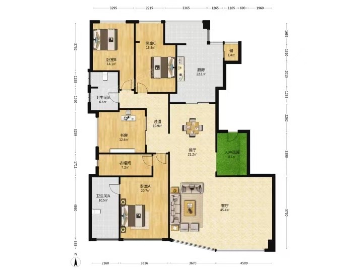 保利天禧C区  4室2厅2卫   22800.00元/月户型图