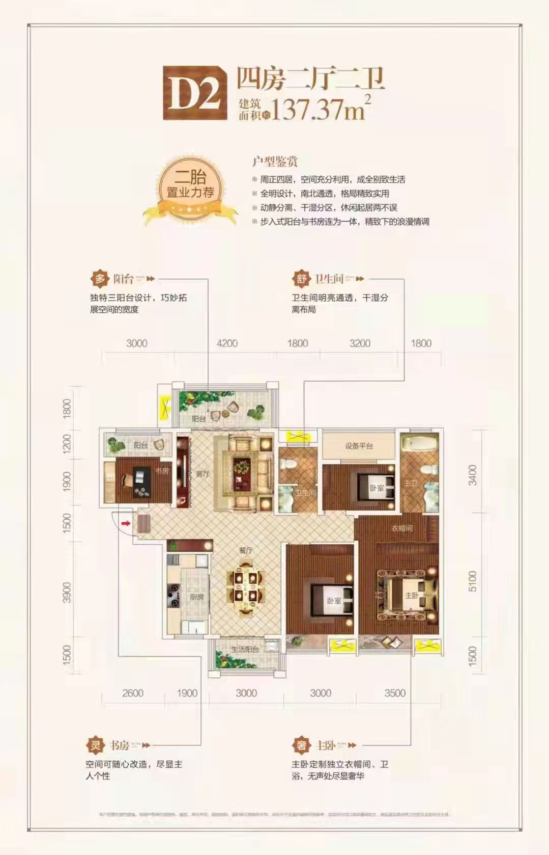 碧桂园大学印象一期  4室2厅2卫   1600.00元/月户型图