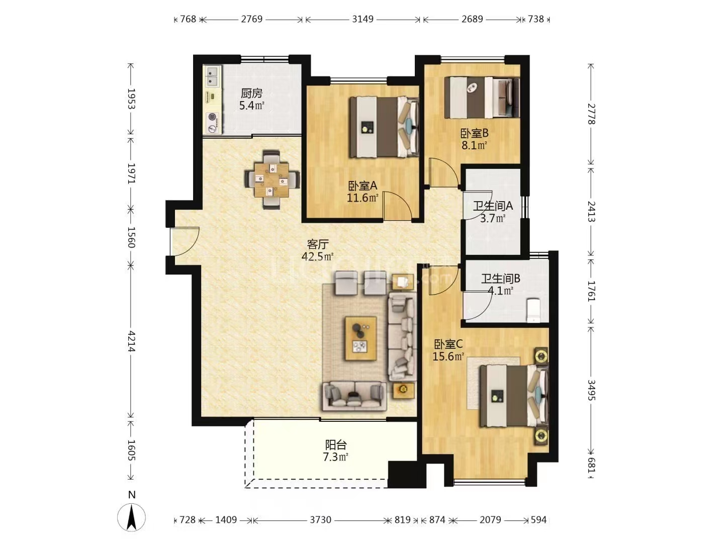 当代滨江MOMA  1室1厅1卫   1300.00元/月户型图