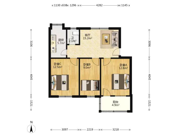 梨子山小区  3室2厅1卫   1700.00元/月户型图