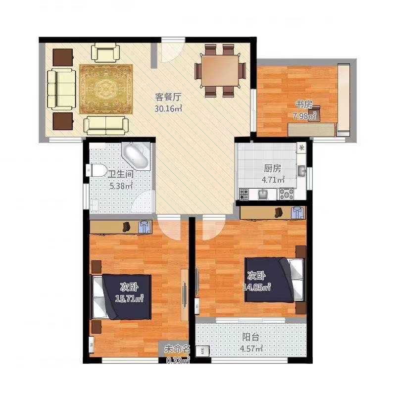 麓谷小镇  3室2厅1卫   2100.00元/月户型图