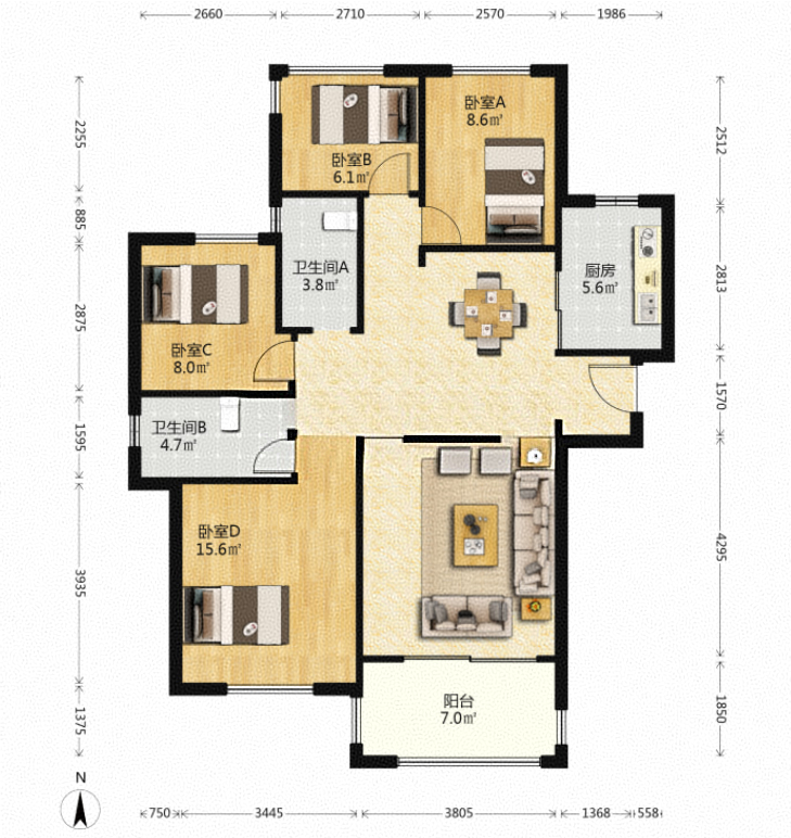 金地艺境  4室2厅2卫   4300.00元/月室内图1