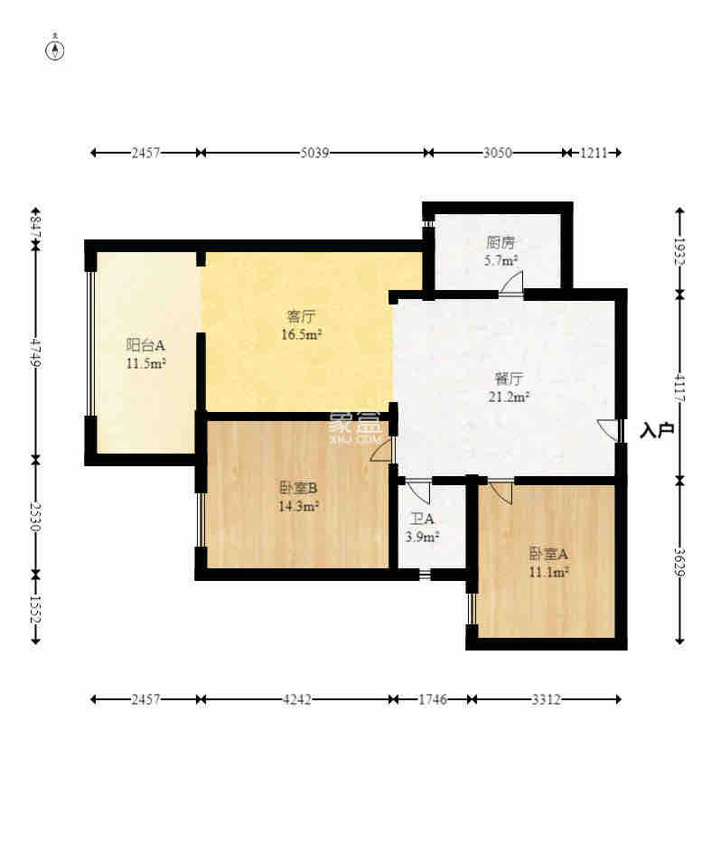 五矿万境水岸五期（五矿万境水岸文苑）  2室2厅1卫   2600.00元/月户型图