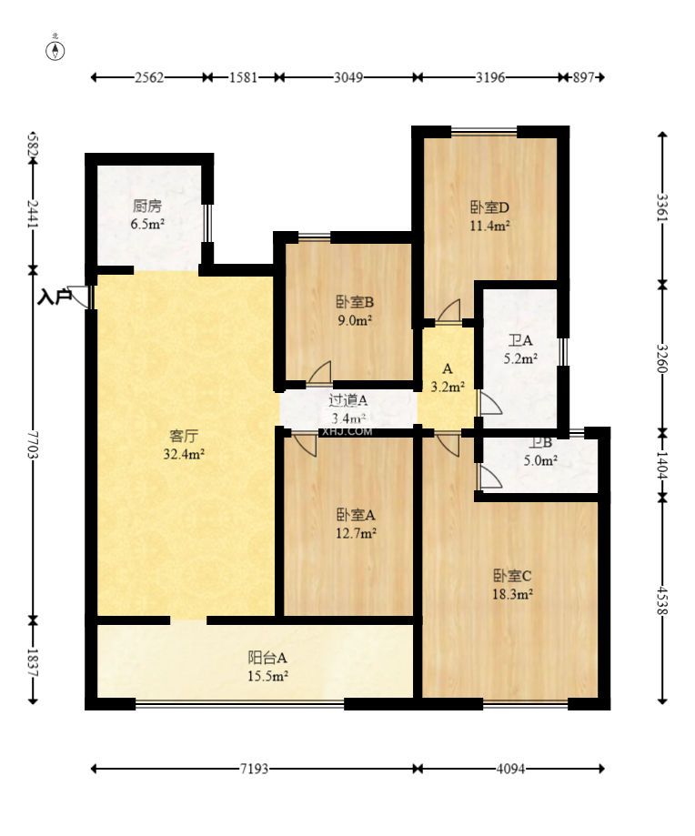 金地都会风華  3室2厅2卫   3500.00元/月户型图