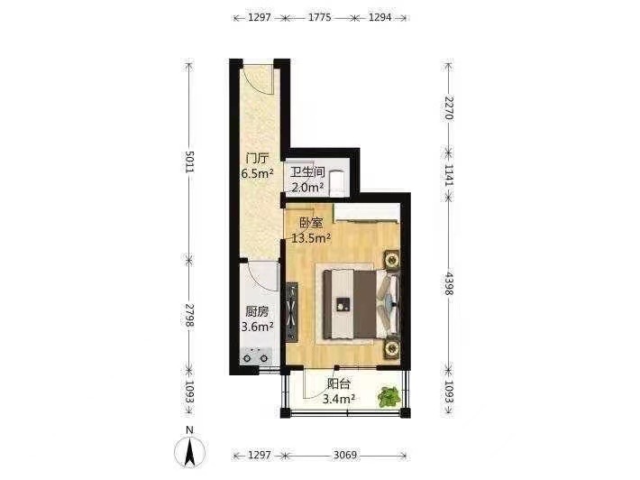 金南家园三期  1室1厅1卫   1300.00元/月户型图