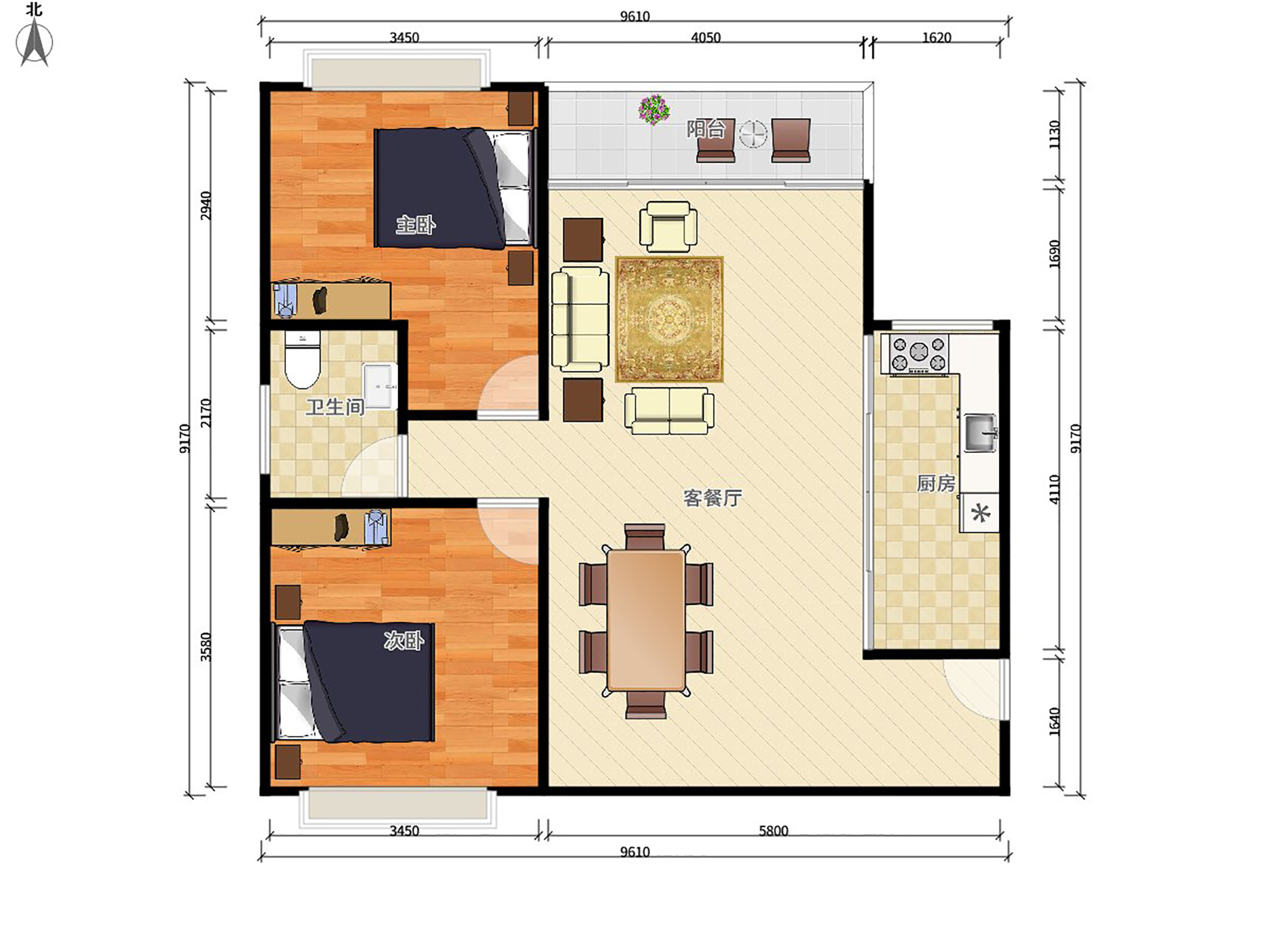 旭辉汇樾城  2室1厅1卫   1800.00元/月户型图