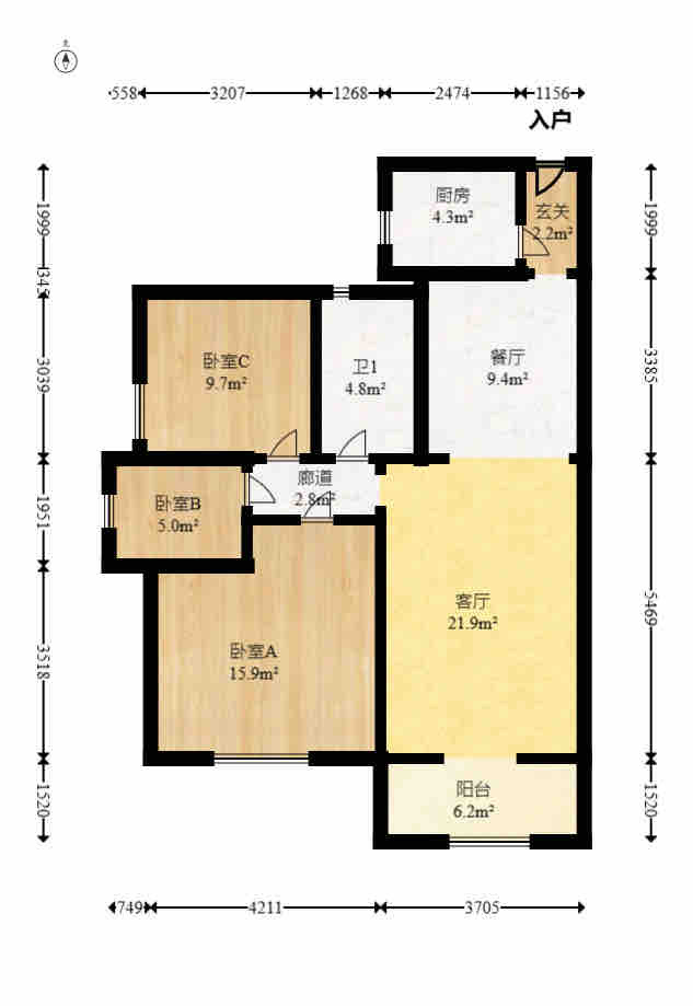江山帝景雅典  2室2厅1卫   1800.00元/月户型图