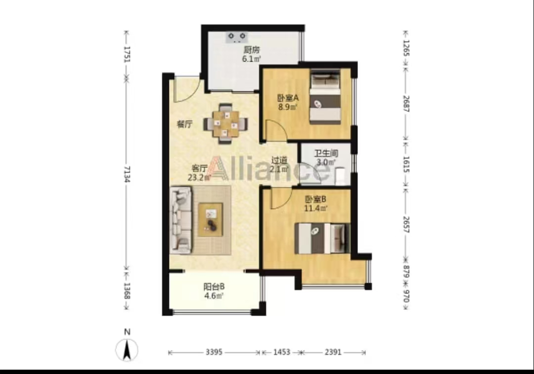 振业城二期  2室2厅1卫   3200.00元/月户型图