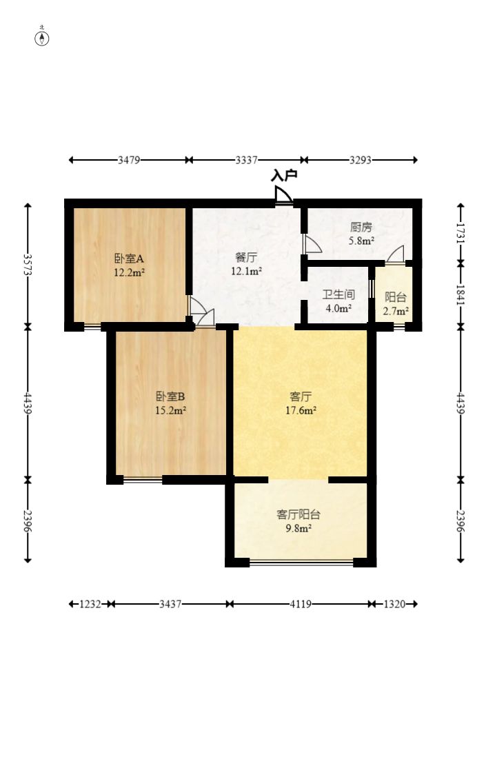 天悦嘉园  2室2厅1卫   1800.00元/月户型图