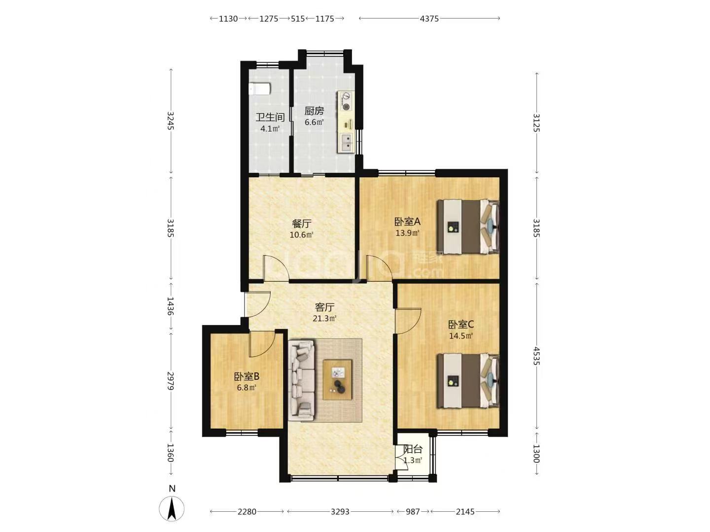 中铁五局宿舍（洞井铺）  3室2厅1卫   1600.00元/月户型图
