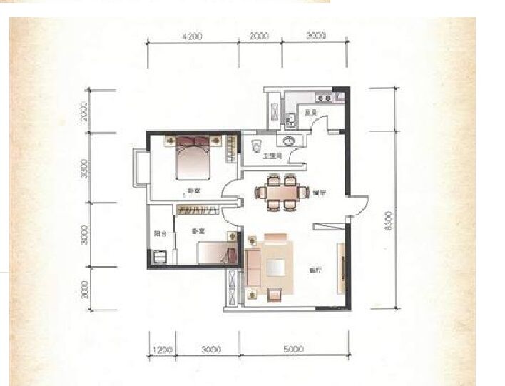 楚天世纪城东苑 2室2厅1卫 1400.0元/月 楚天世纪城东苑 2室2厅1卫 1400.0元/月户型图