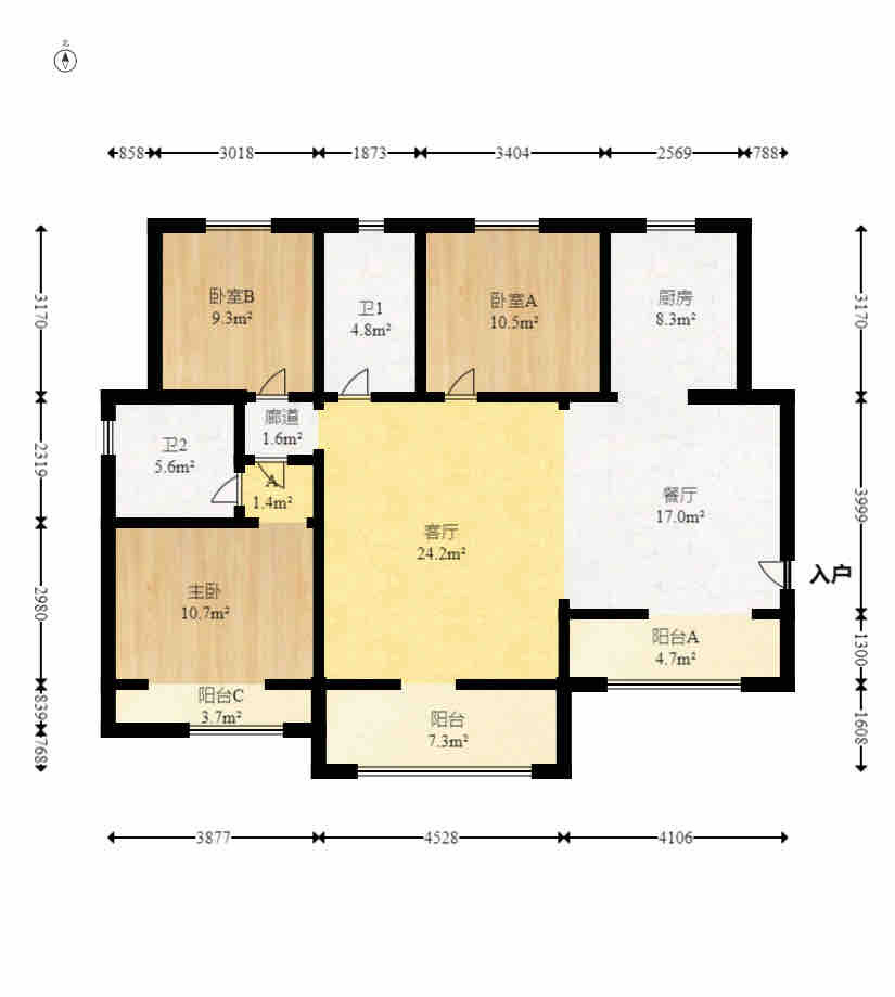 江山帝景雅典  3室2厅2卫   2200.00元/月户型图