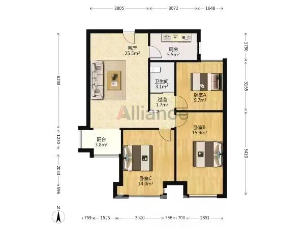 绿地中央广场  3室2厅1卫   2800.00元/月室内图1