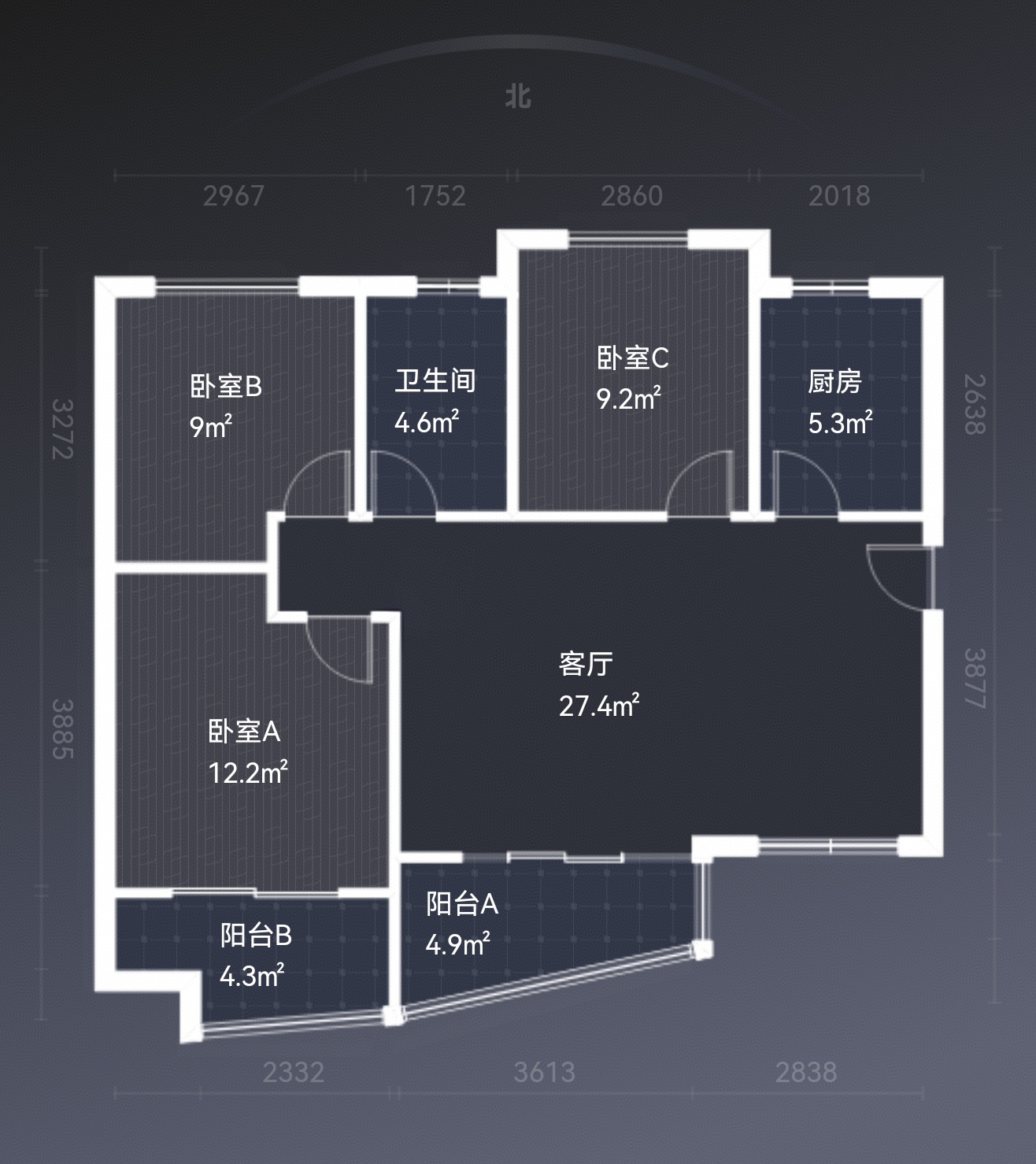 五江天街南区  3室2厅2卫   2500.00元/月户型图